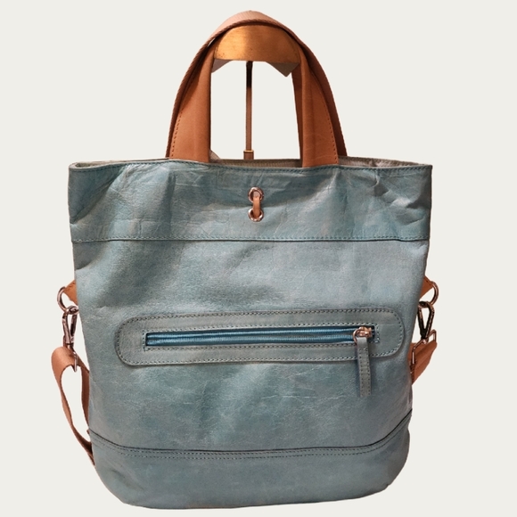 Maurizio Taiuti Blue and Tan Tote Bag with Leather Accents, Replacement Strap - Picture 4 of 16